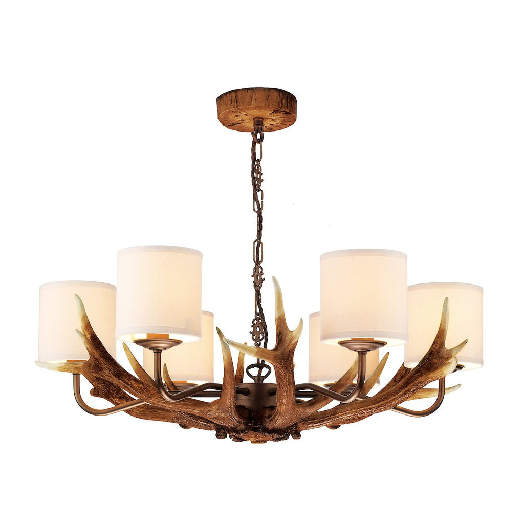 ANTLER 6 light rustic pendant comes with bespoke silk shades by David Hunt Lighting