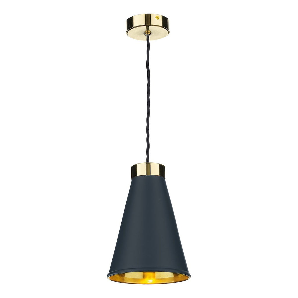 Hyde 1 Light Small Pendant in Polished Brass comes with Smoke Blue metal shade by David Hunt Lighting