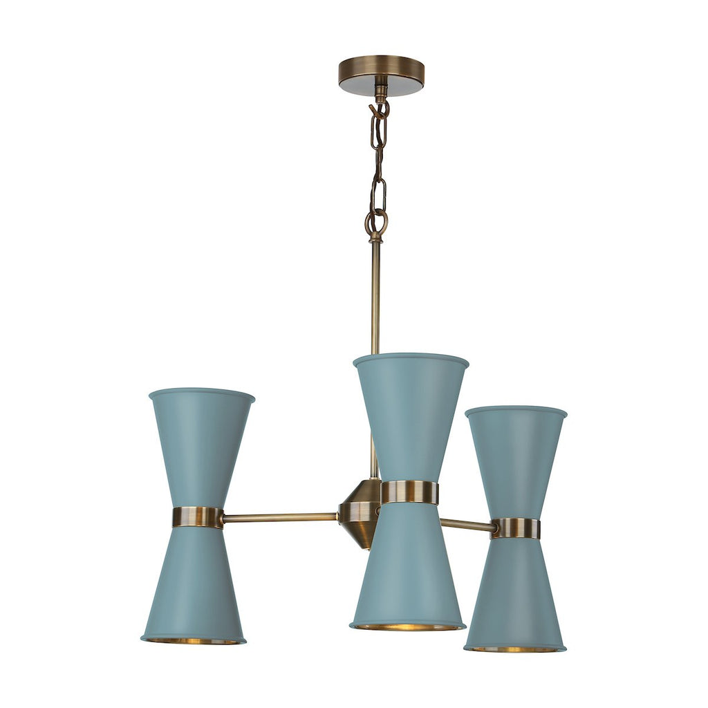 Hyde 6 Light Pendant in Antique Brass comes with River Blue metal shade by David Hunt Lighting