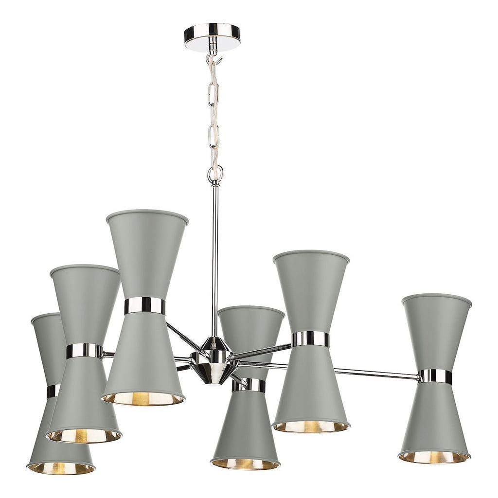 Hyde 12 Light pendant in Chrome comes with Powder Grey metal shades by David Hunt Lighting